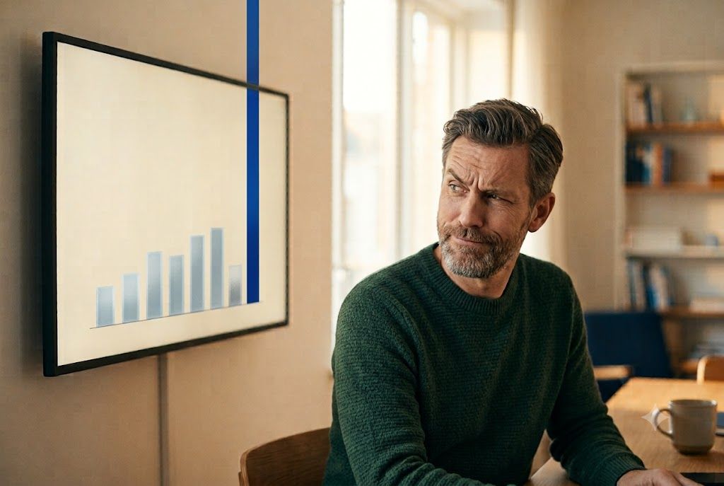 A man at a desk looking thoughtfully at a sales chart on the screen behind him