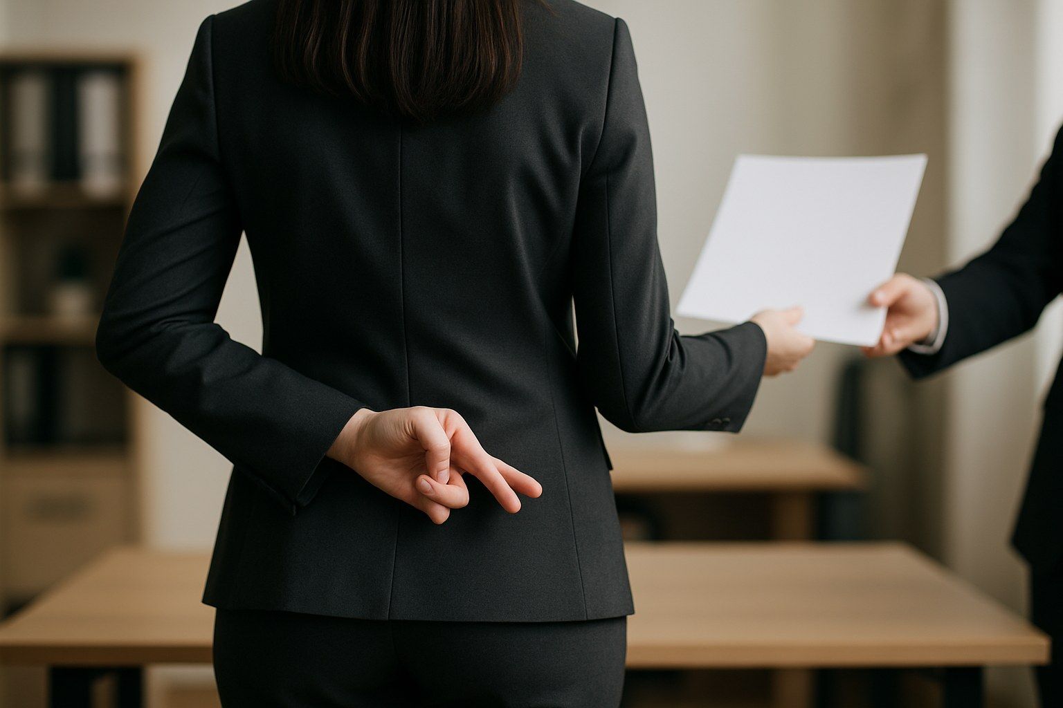 A businesswoman handing over a document with her fingers crossed behind her back