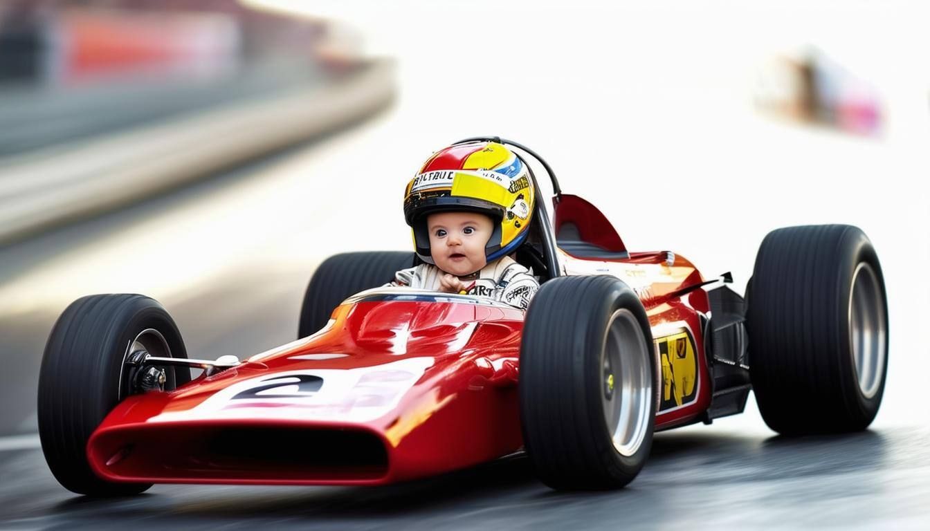 A baby driving a Formula 1 car