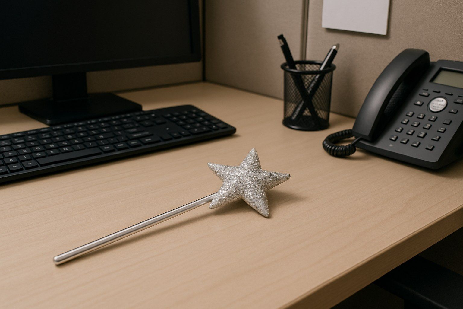 A magic wand resting on an office desk