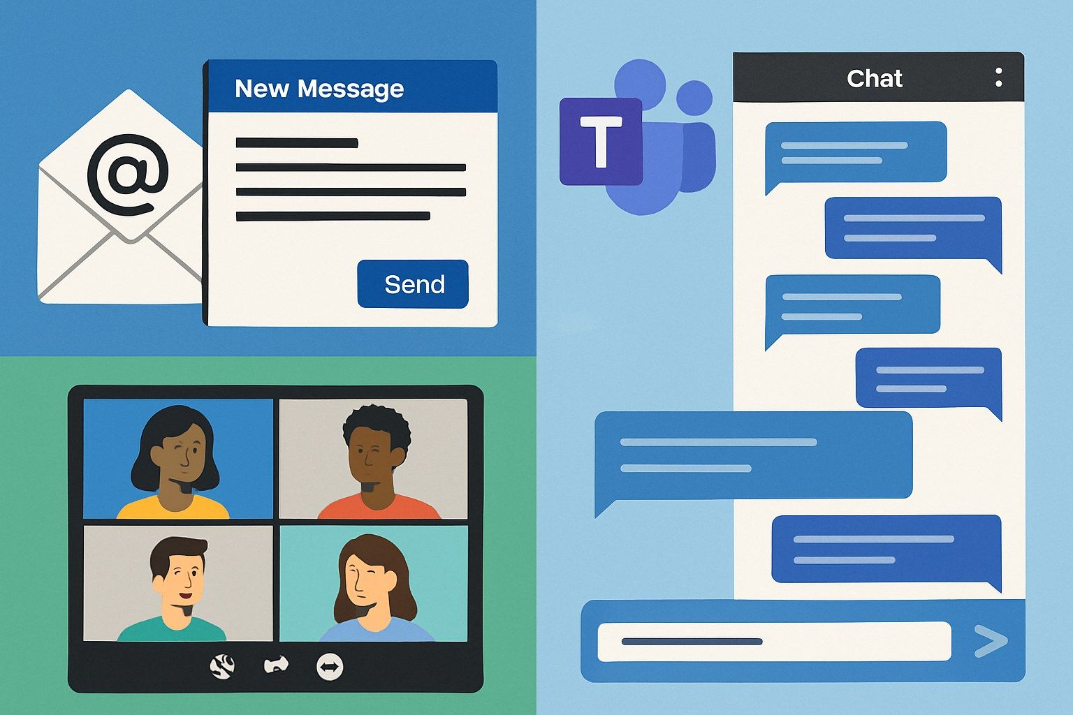 A montage of an email, a video call and a Teams chat