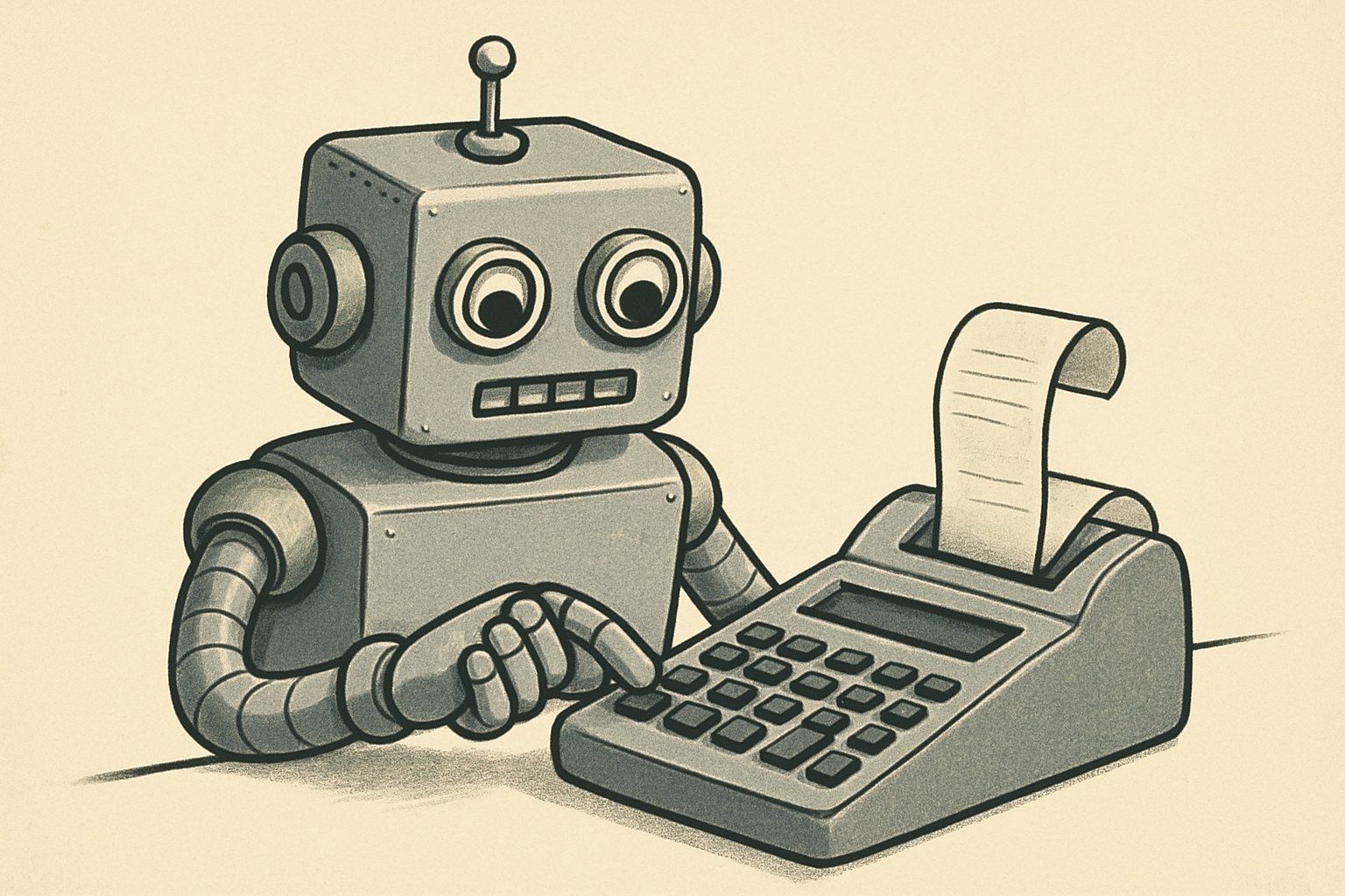 A cartoon robot working a printing calculator
