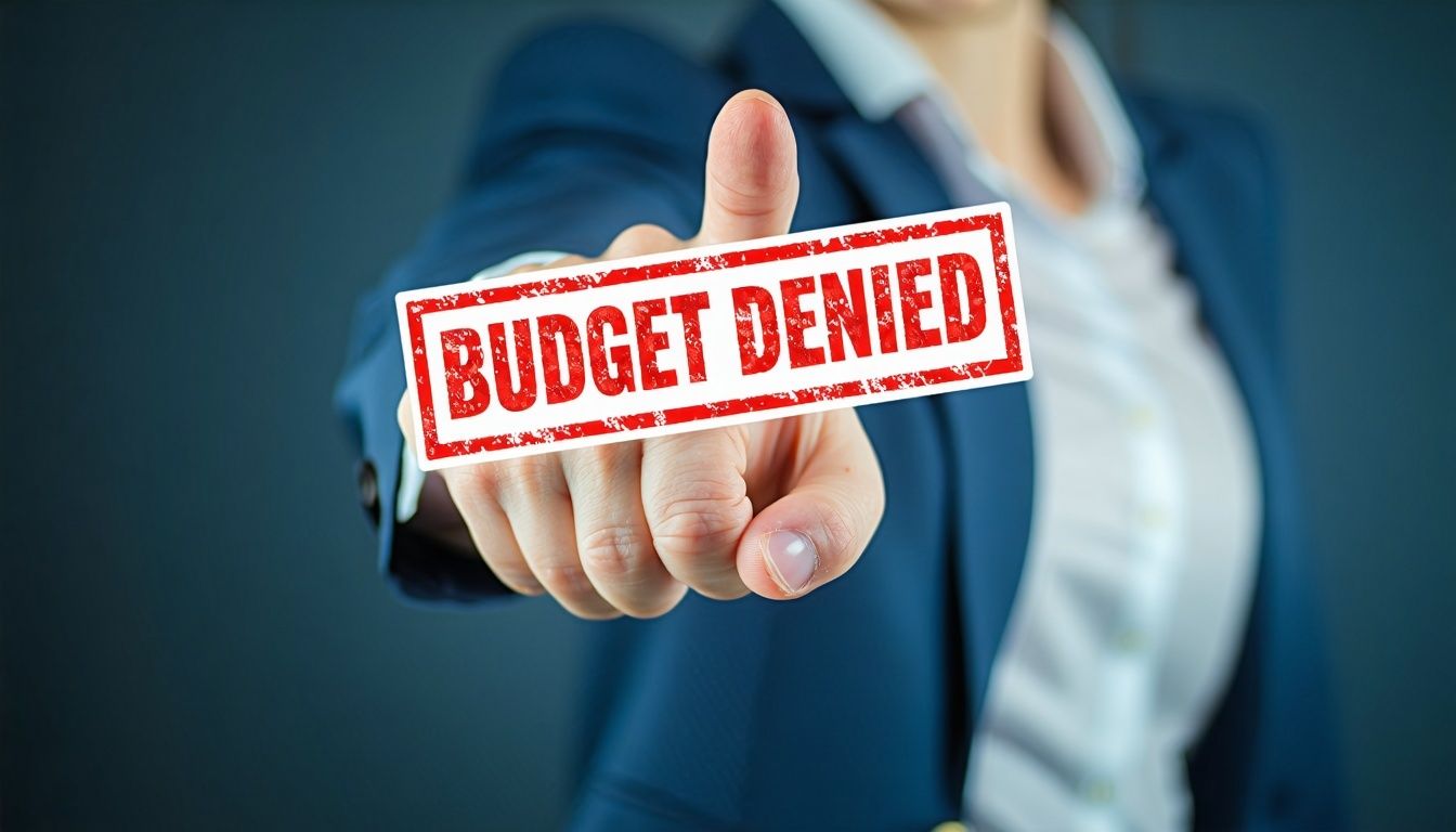 A pointing hand holding a Budget denied stamp