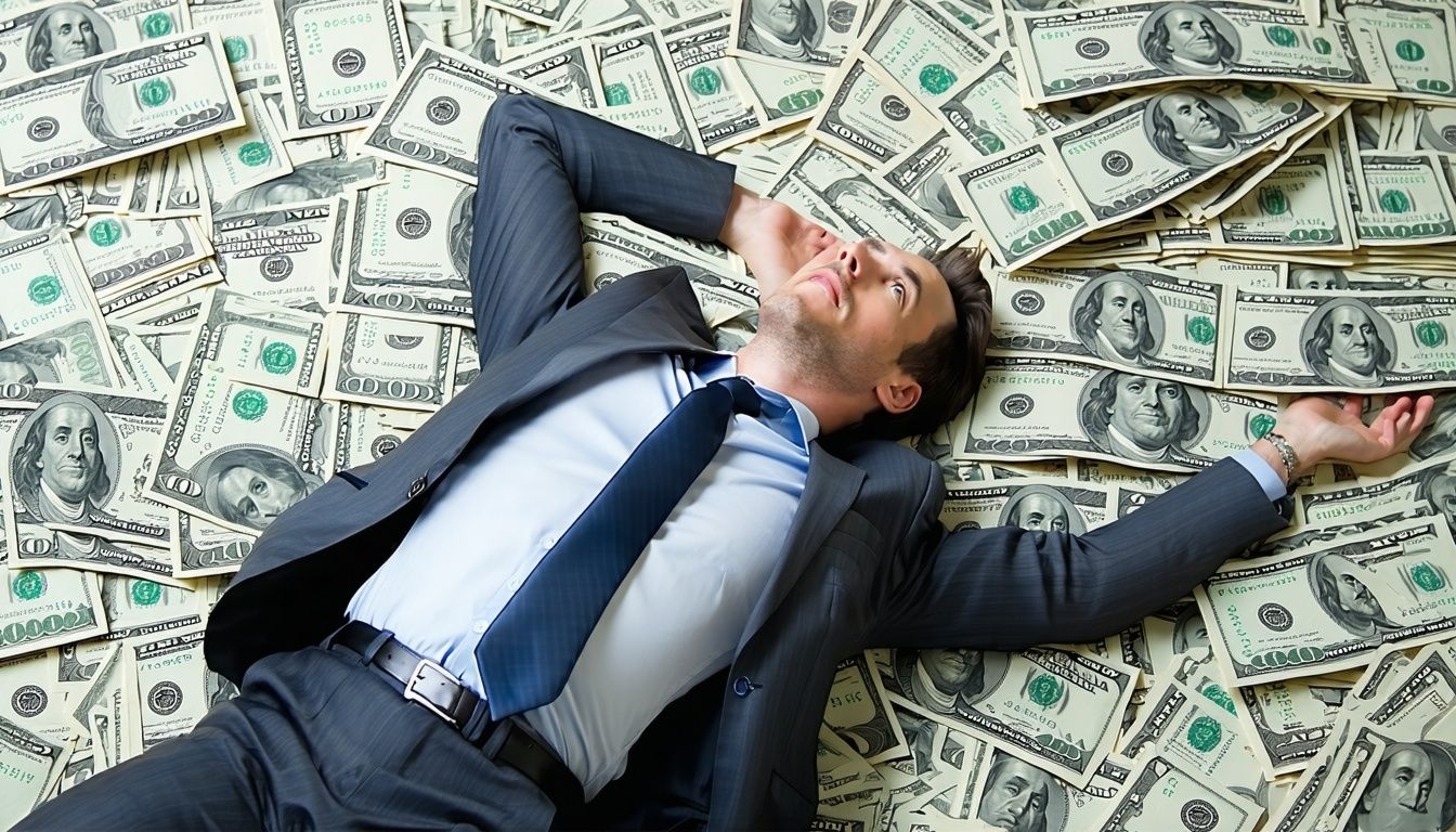 A businessman lying on a pile of banknotes