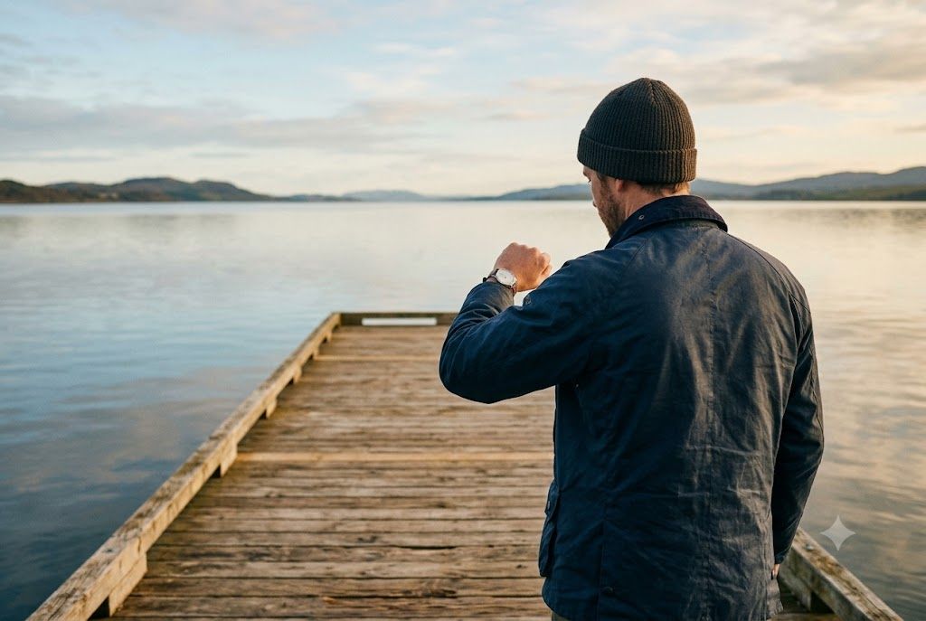 A man at the end of a pier looking at his watch
