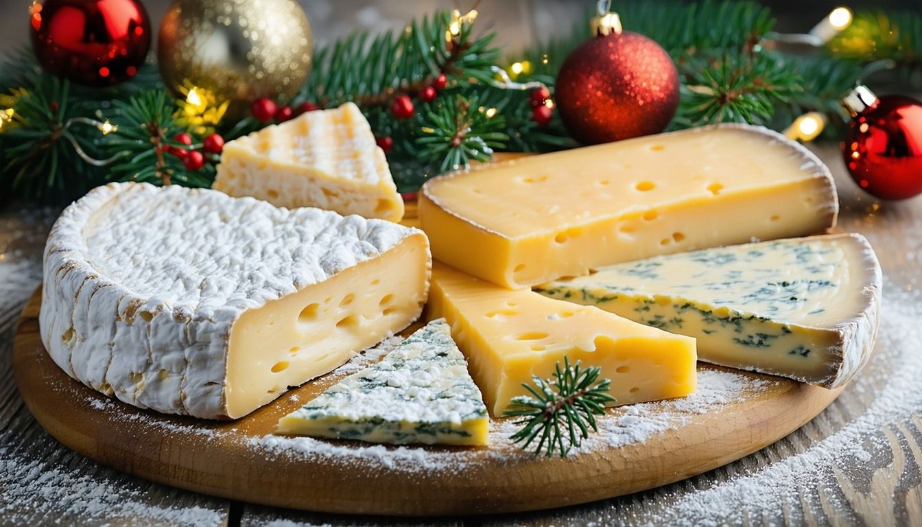 A board of Christmas cheeses