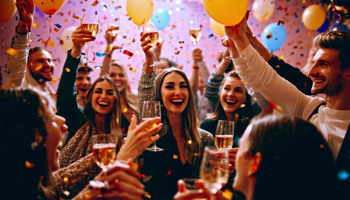 An office party with confetti and balloons