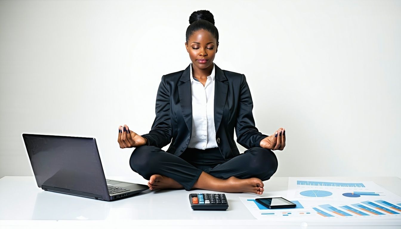 A finance professional in a suit meditating beside a laptop and calculator