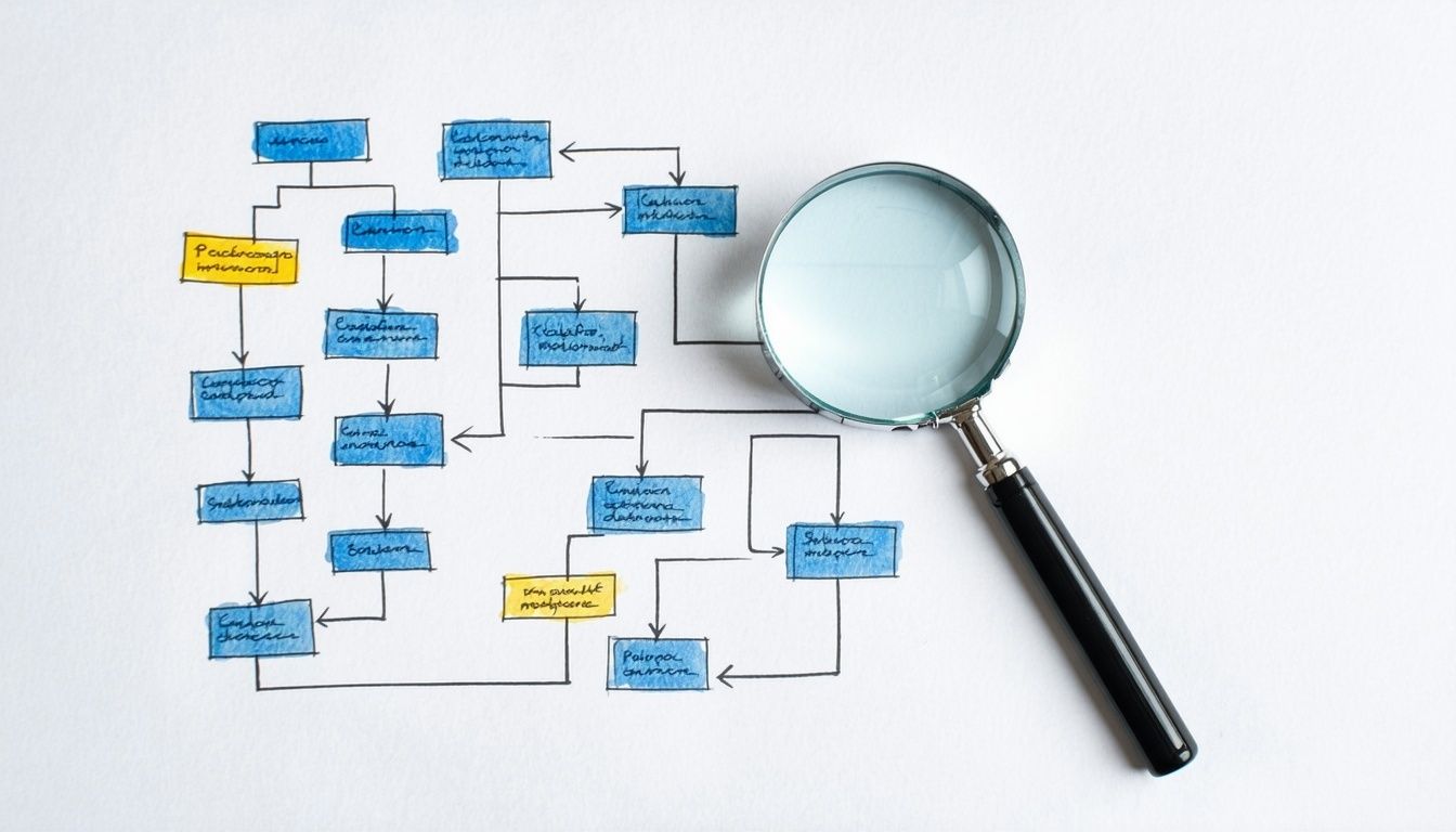 A flow chart under a magnifying glass