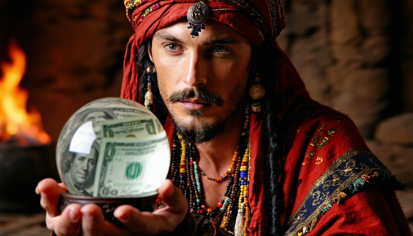 A fortune teller holding a crystal ball with money inside