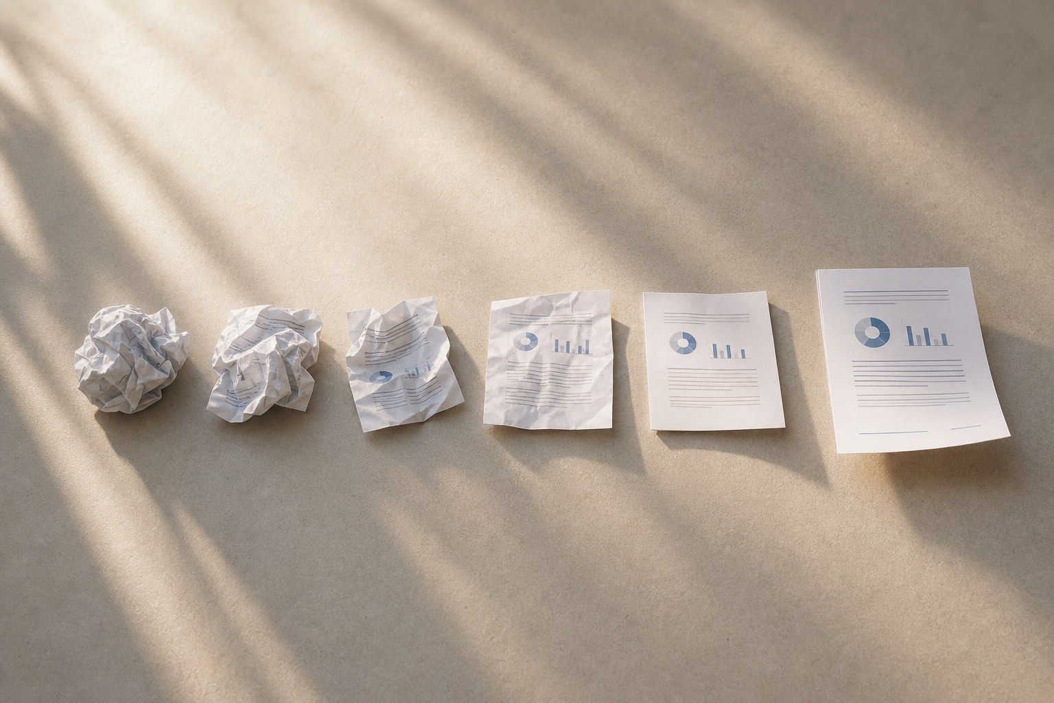 Crumpled draft printouts in a row, ending in one clean final page