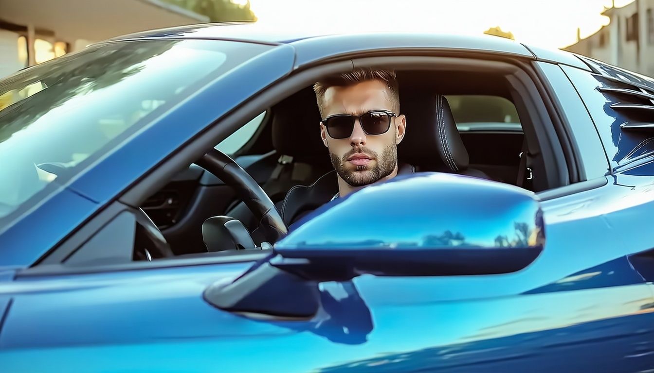 A man in sunglasses driving a sports car