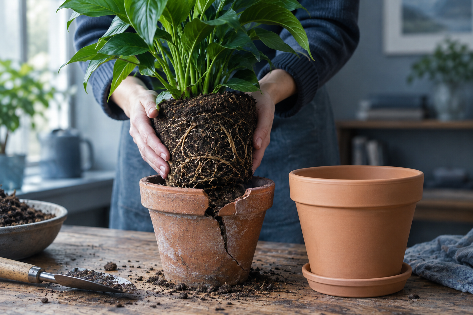 Two hands lifting a plant out of a cracked terracotta pot with its roots intact, a new pot waiting beside it