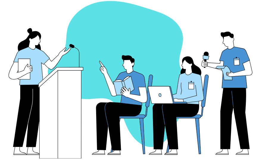 Illustration of people at a press conference