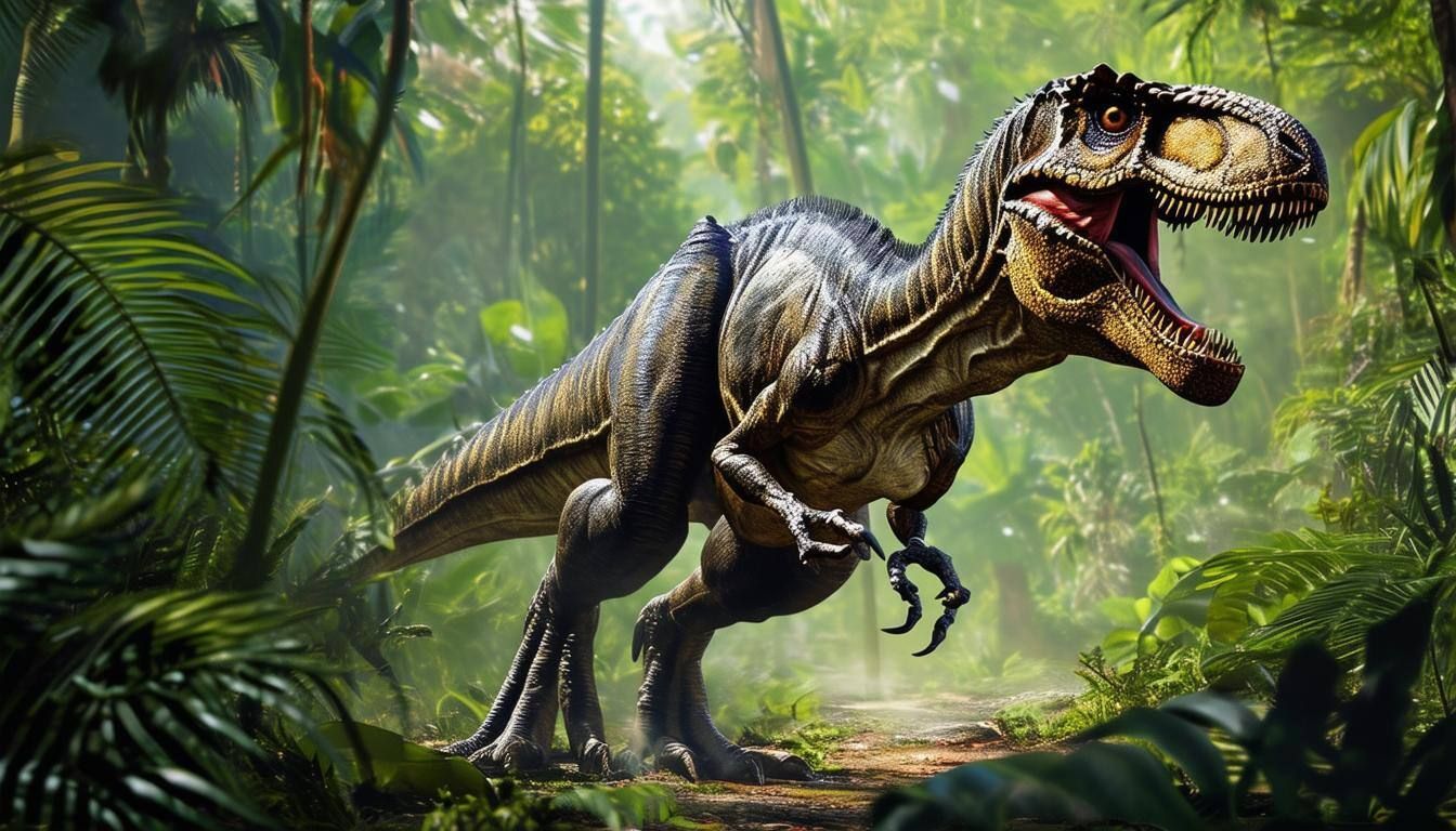 A velociraptor rampaging through a jungle