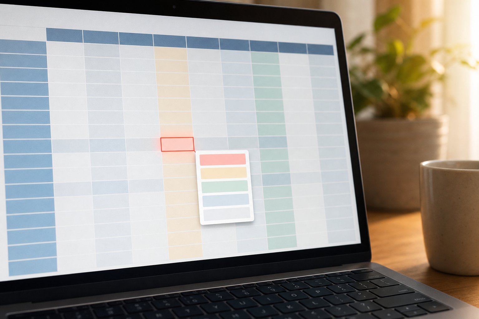 A spreadsheet on a laptop screen, one cell outlined in red with a dropdown list open beside it
