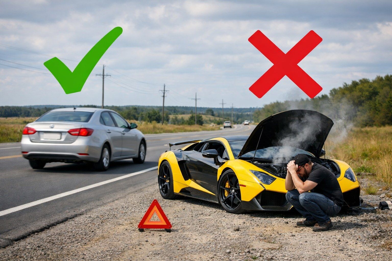 A sports car broken down at the roadside while an ordinary saloon drives on past