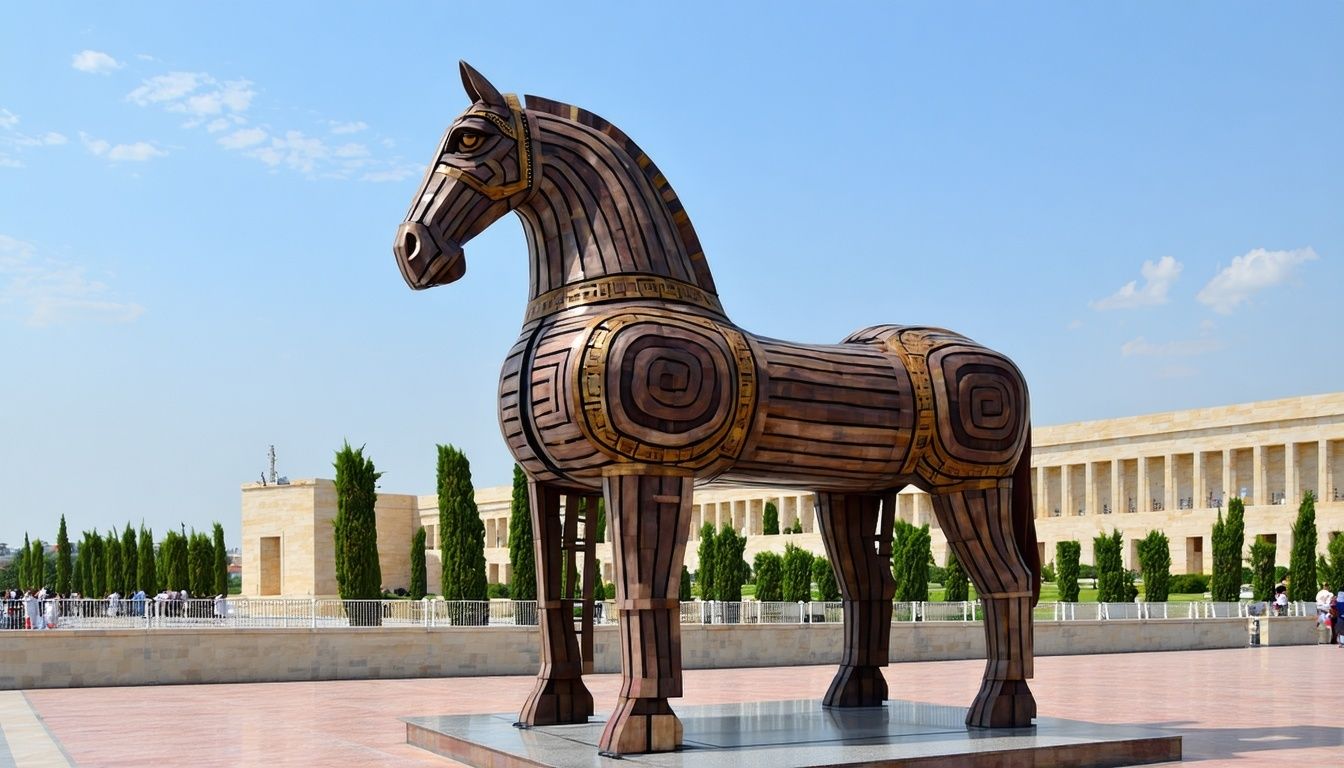 A wooden Trojan horse in a city square