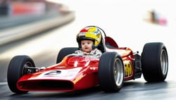 A formula 1 car with a baby driving it