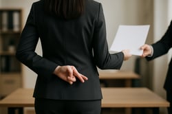 a businesswoman viewed from the rear handing over a document with her fingers crossed behind her back to show that she is lying Focus on making the fi-1