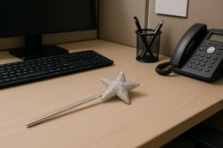a magic wand with a glittery star on one end resting on a cubicle workers desk-2