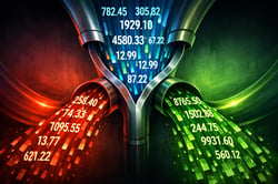a stylised flow of financial numbers coming down one chute and being directed into two different ones